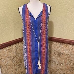Soprano Dress Sleeveless Mandala Print With Stripes Tassels Size Medium Blue